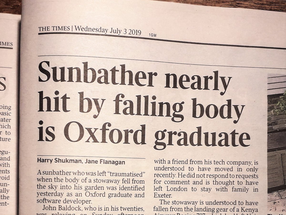Newspaper headline: "Sunbather nearly hit by falling body is Oxford graduate"