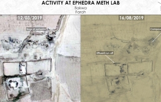 Two satellite maps showing a meth lab in Bakwa, Farah, Afghanistan, still functioning despite a downturn in both oman and meth prices and recent interdiction efforts